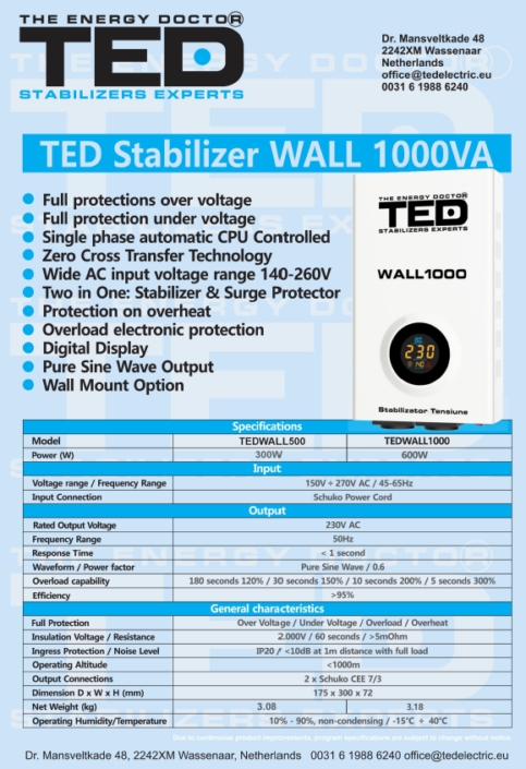 Descriere stabilizator retea 1000VA-AVR 600W TED1000WALL
