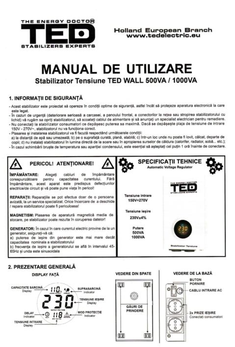 Manual utilizare stabilizator retea 1000VA-AVR 600W TED1000WALL