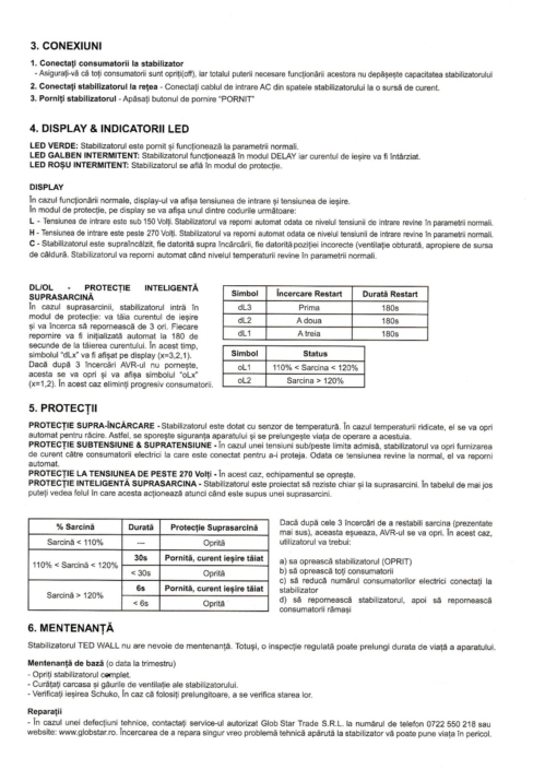 Manual de utilizare stabilizator retea 1000VA-AVR 600W TED1000WALL